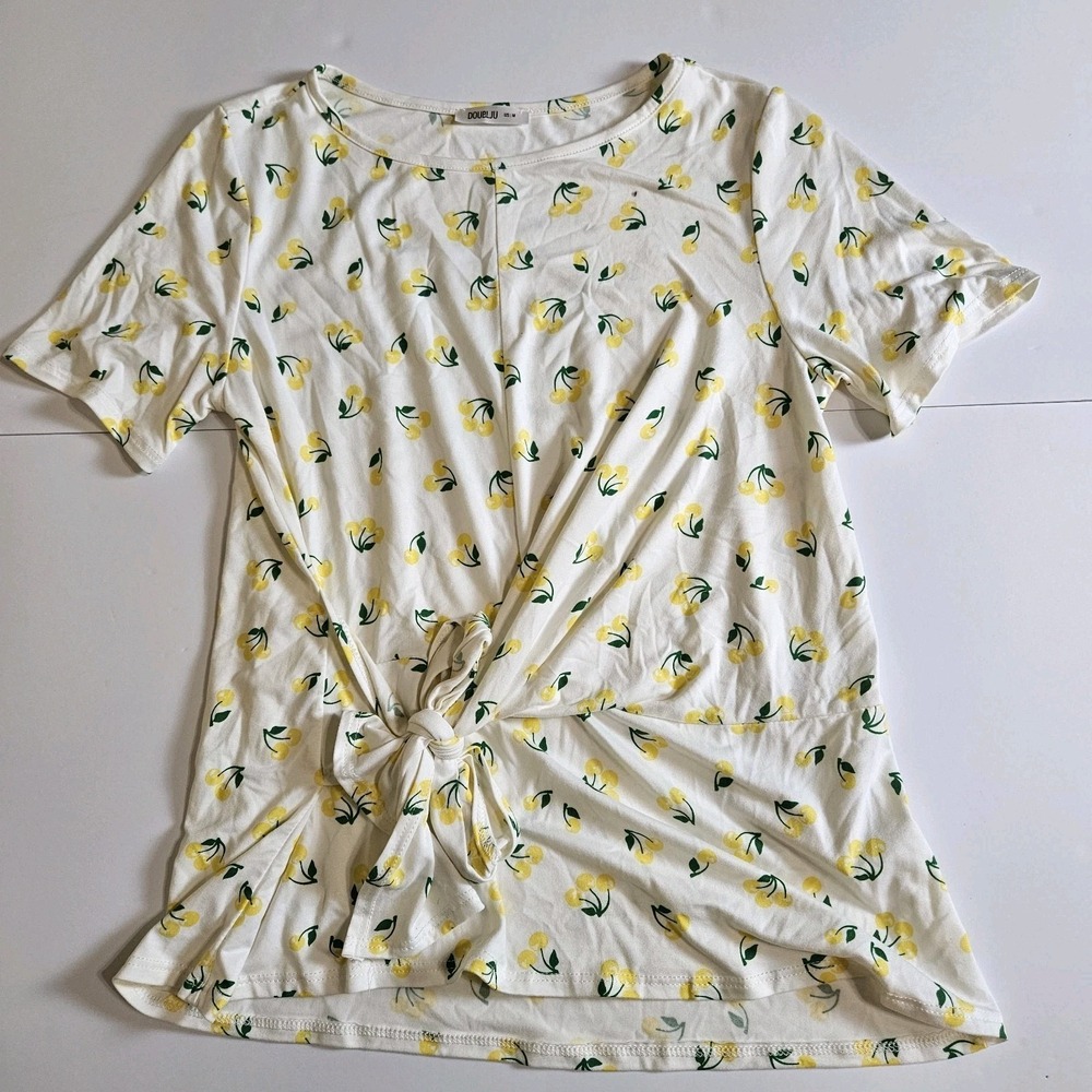 Doubleju Womens M White Cherry Print Top Knot Front Short Sleeve‎ Tee